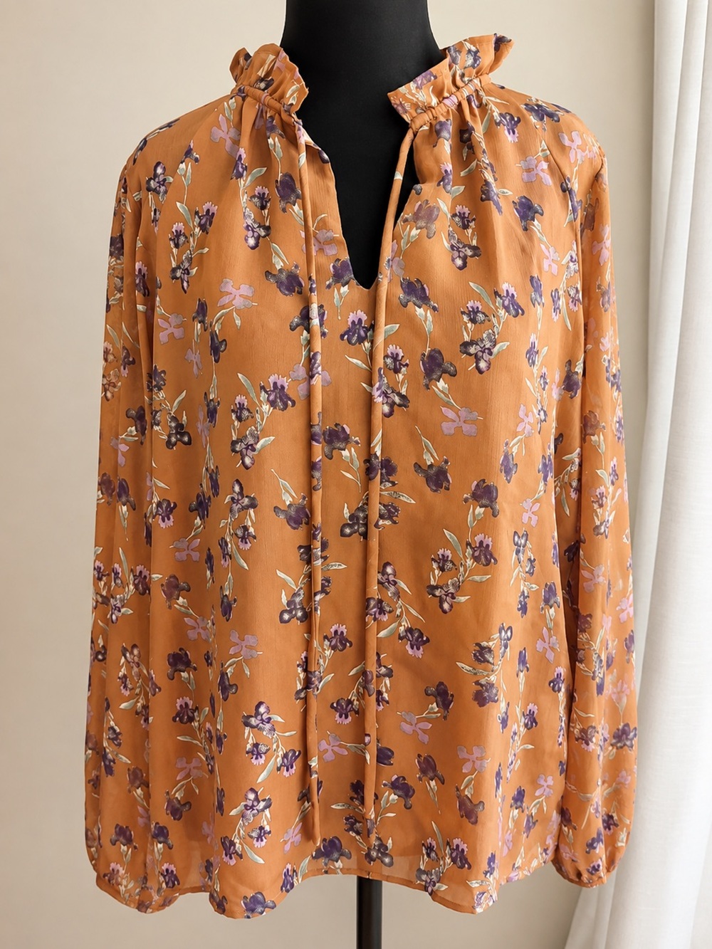 NWT Gilli Floral Ruffle Neck Tie Blouse Sheer Sleeves Lined Size Large